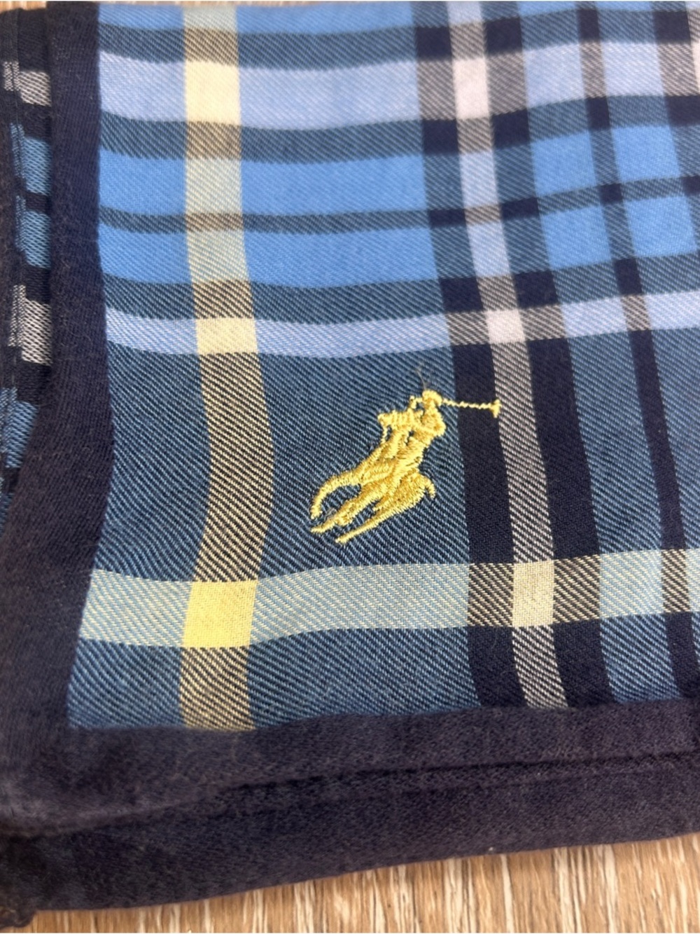 Ralph Lauren Plaid Pocket Square with Embroidered Polo Logo Blue Yellow Tartan - Picture 4 of 6